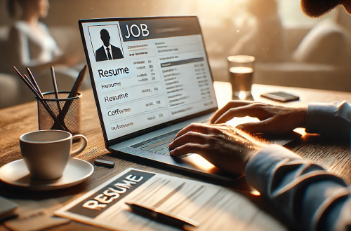 mężczyzna poprawia swoje CV na laptopie